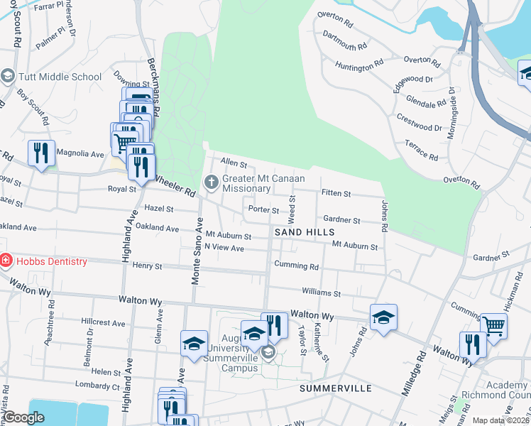 map of restaurants, bars, coffee shops, grocery stores, and more near 2512 Porter Street in Augusta