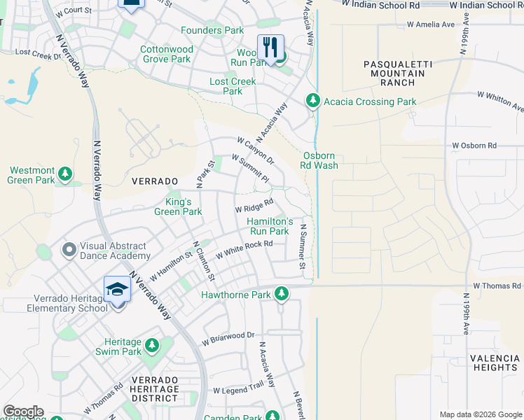 map of restaurants, bars, coffee shops, grocery stores, and more near 20477 West Ridge Road in Buckeye