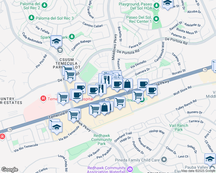 map of restaurants, bars, coffee shops, grocery stores, and more near 32180 Temecula Parkway in Temecula