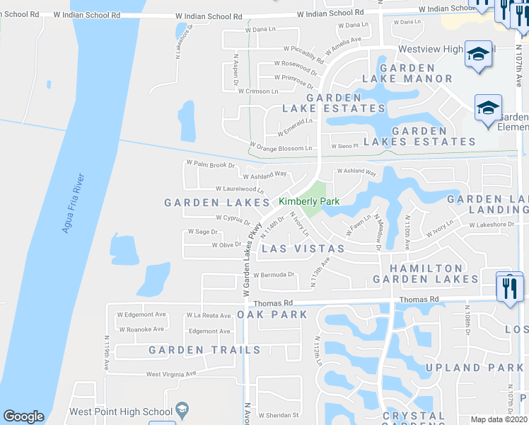 map of restaurants, bars, coffee shops, grocery stores, and more near 11442 West Clover Way in Avondale