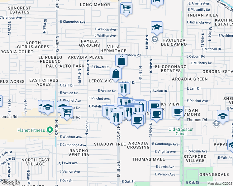 map of restaurants, bars, coffee shops, grocery stores, and more near 4343 East Avalon Drive in Phoenix