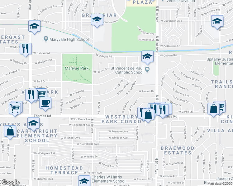 map of restaurants, bars, coffee shops, grocery stores, and more near 2974 North 53rd Parkway in Phoenix