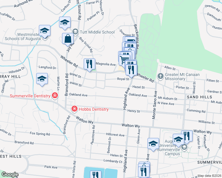 map of restaurants, bars, coffee shops, grocery stores, and more near 2720 Hazel Street in Augusta