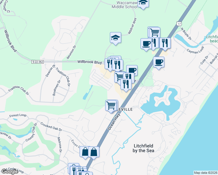map of restaurants, bars, coffee shops, grocery stores, and more near 149 Lumbee Circle in Pawleys Island