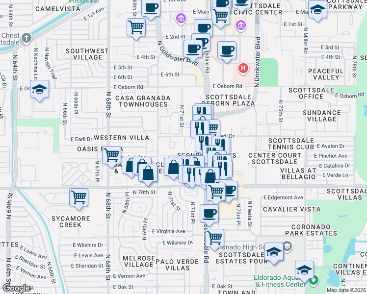 map of restaurants, bars, coffee shops, grocery stores, and more near 3027 North 70th Street in Scottsdale