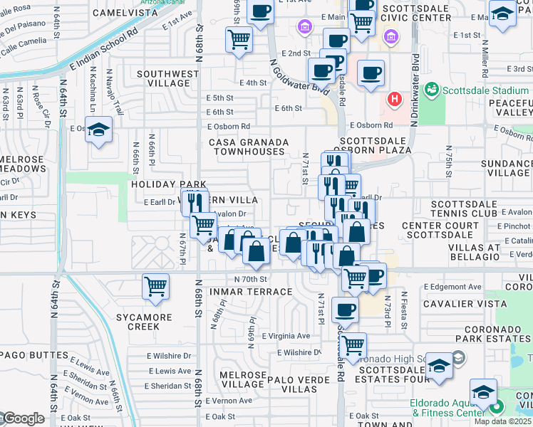 map of restaurants, bars, coffee shops, grocery stores, and more near 3031 North 70th Street in Scottsdale