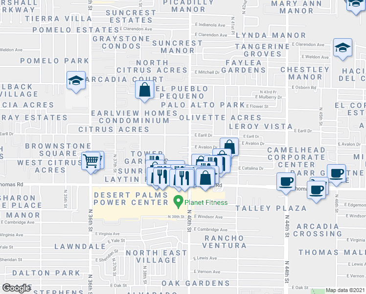 map of restaurants, bars, coffee shops, grocery stores, and more near 3012 North 40th Street in Phoenix