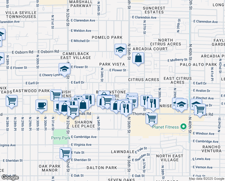 map of restaurants, bars, coffee shops, grocery stores, and more near 3457 East Avalon Drive in Phoenix