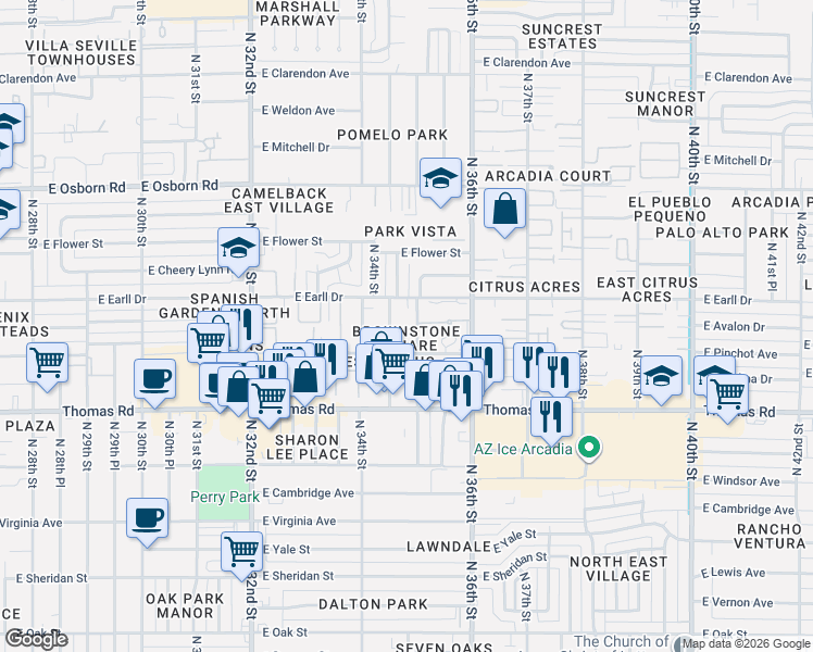 map of restaurants, bars, coffee shops, grocery stores, and more near 3457 East Avalon Drive in Phoenix