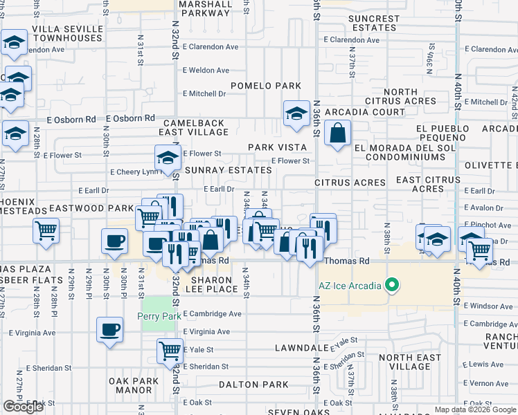 map of restaurants, bars, coffee shops, grocery stores, and more near 3018 North 34th Place in Phoenix