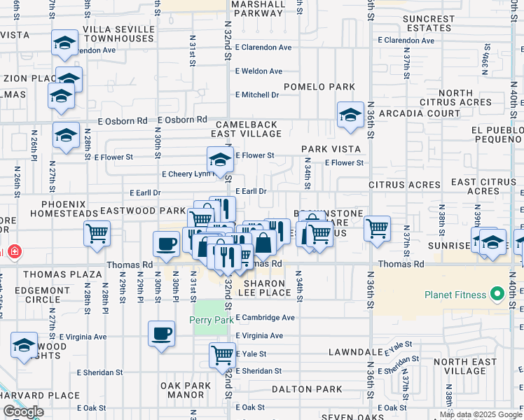 map of restaurants, bars, coffee shops, grocery stores, and more near 2320 East Pinchot Avenue in Phoenix