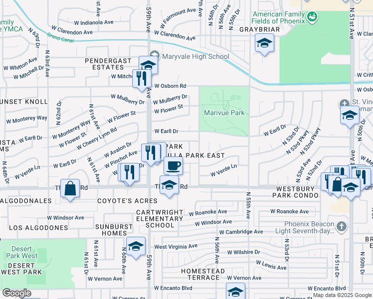 map of restaurants, bars, coffee shops, grocery stores, and more near 3023 North 57th Lane in Phoenix