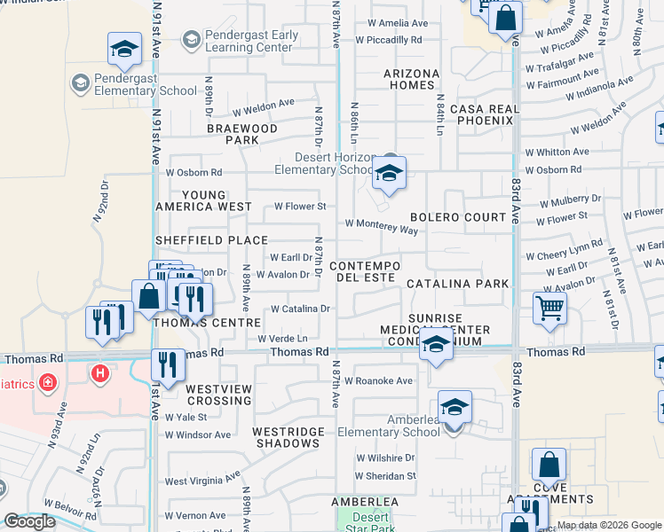 map of restaurants, bars, coffee shops, grocery stores, and more near 8668 West Avalon Drive in Phoenix