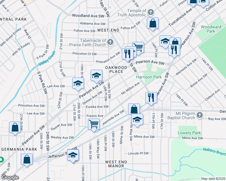 map of restaurants, bars, coffee shops, grocery stores, and more near 1793 Steiner Avenue Southwest in Birmingham