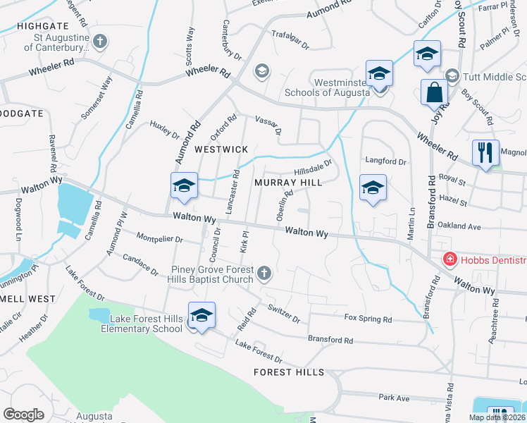 map of restaurants, bars, coffee shops, grocery stores, and more near 758 Malvern Lane in Augusta