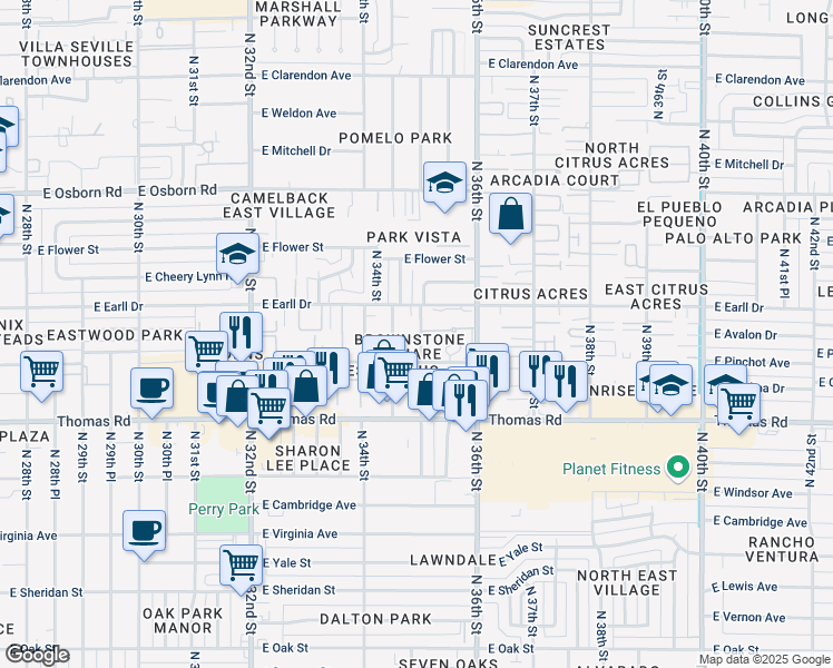 map of restaurants, bars, coffee shops, grocery stores, and more near 3457 East Avalon Drive in Phoenix