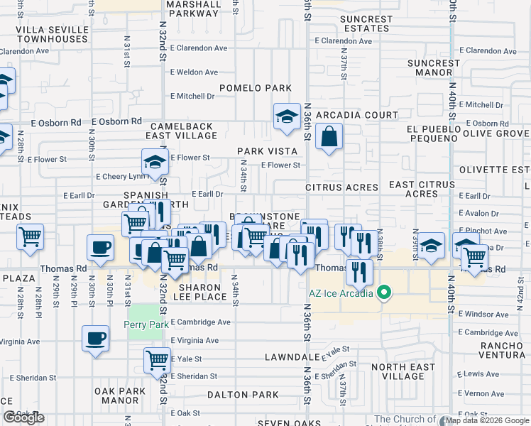 map of restaurants, bars, coffee shops, grocery stores, and more near 3457 East Avalon Drive in Phoenix