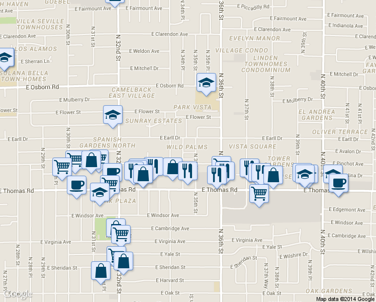 map of restaurants, bars, coffee shops, grocery stores, and more near 3457 East Avalon Drive in Phoenix