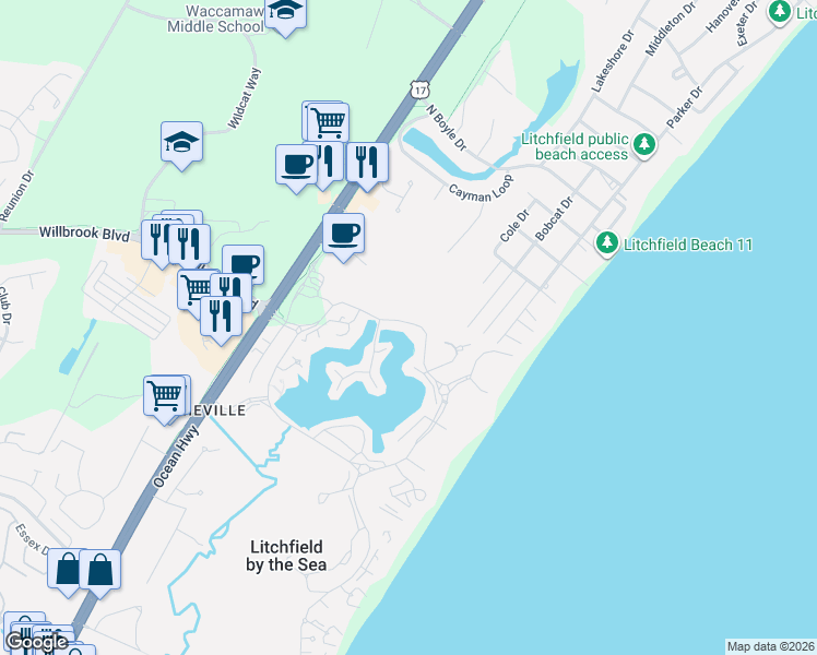 map of restaurants, bars, coffee shops, grocery stores, and more near 301 Retreat Beach Circle in Pawleys Island