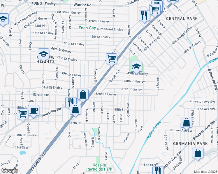map of restaurants, bars, coffee shops, grocery stores, and more near 1504 51st Street Ensley in Birmingham