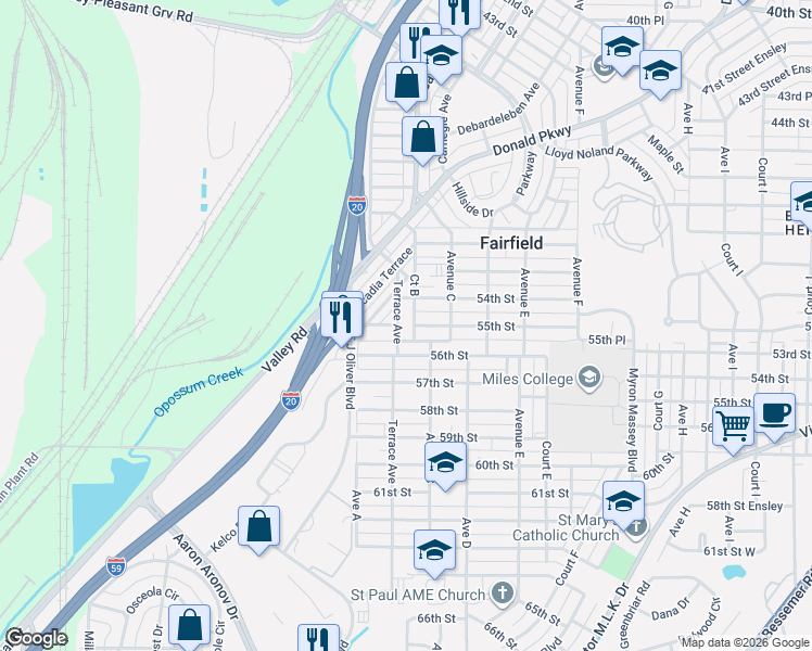 map of restaurants, bars, coffee shops, grocery stores, and more near 5409 Terrace Avenue in Fairfield