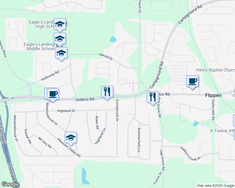 map of restaurants, bars, coffee shops, grocery stores, and more near 3497 Jodeco Road in McDonough