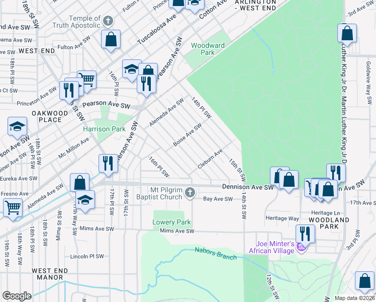map of restaurants, bars, coffee shops, grocery stores, and more near 1228 15th Way Southwest in Birmingham