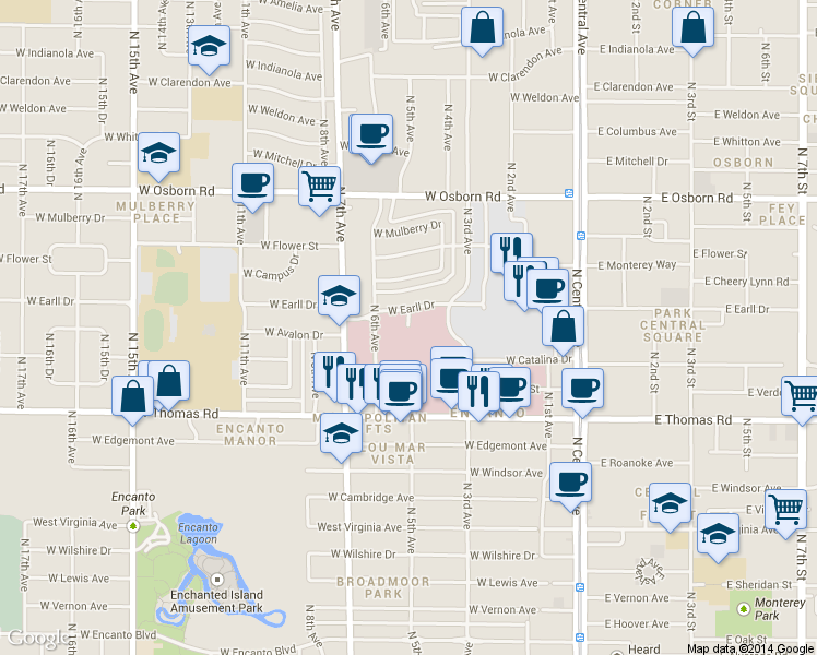 map of restaurants, bars, coffee shops, grocery stores, and more near 3000 N 5th Ave in Phoenix