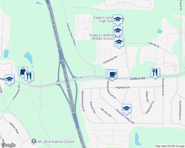 map of restaurants, bars, coffee shops, grocery stores, and more near 3119 Jodeco Road in McDonough