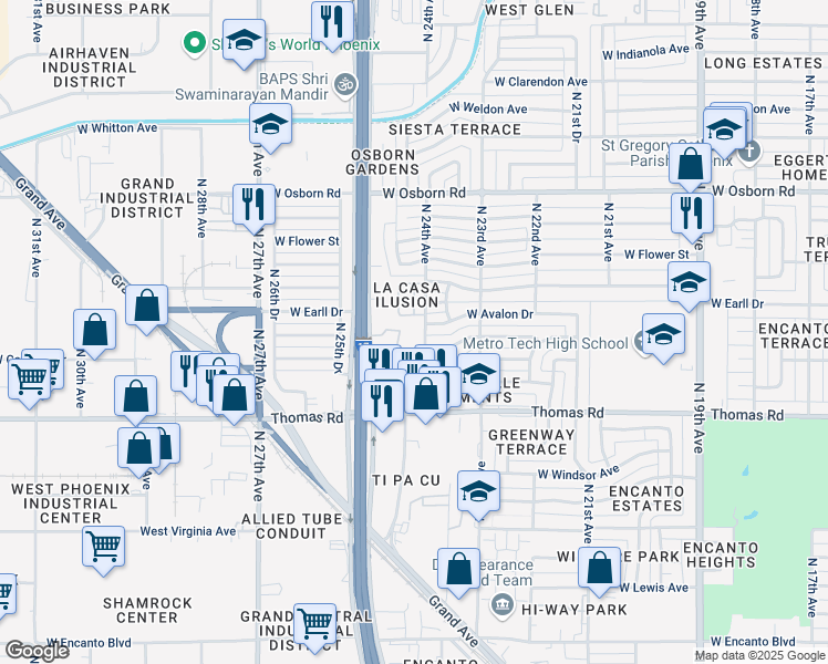 map of restaurants, bars, coffee shops, grocery stores, and more near 3020 North 24th Drive in Phoenix