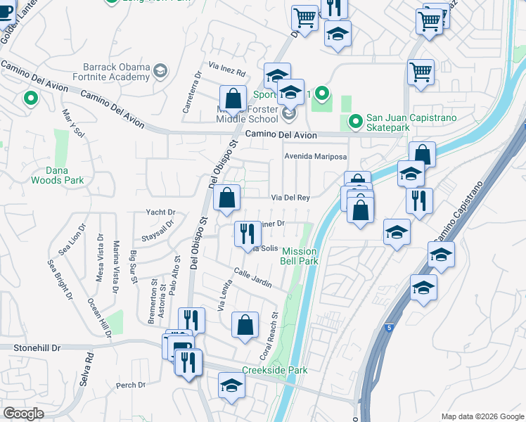 map of restaurants, bars, coffee shops, grocery stores, and more near 33026 Lighthouse Court in San Juan Capistrano