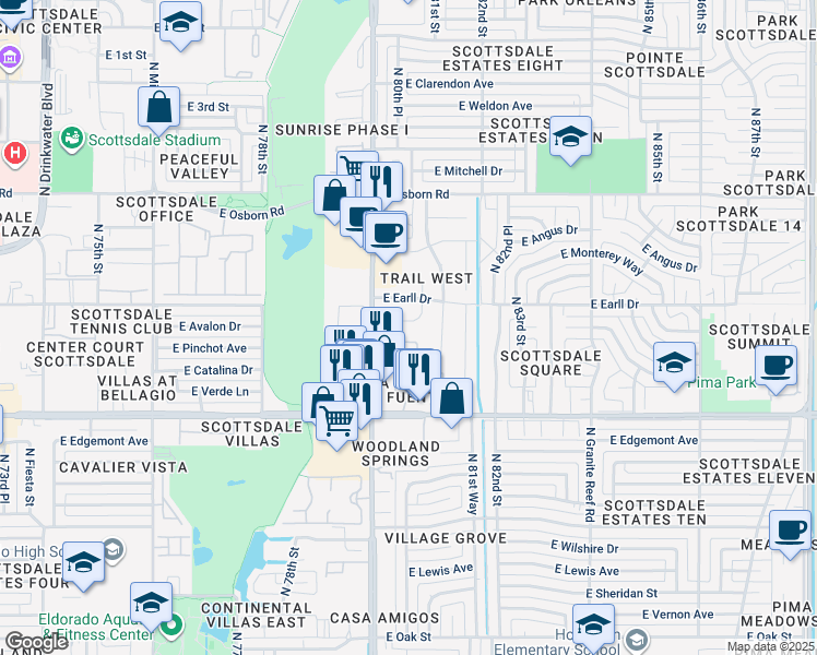 map of restaurants, bars, coffee shops, grocery stores, and more near 8027 East Avalon Drive in Scottsdale