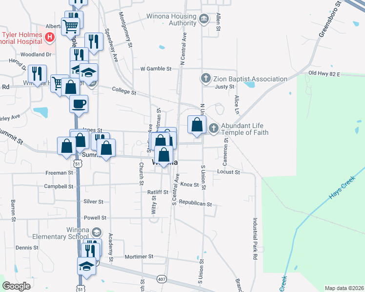 map of restaurants, bars, coffee shops, grocery stores, and more near 100 Liberty Street in Winona