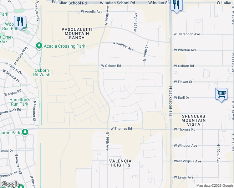 map of restaurants, bars, coffee shops, grocery stores, and more near 19827 West Earll Drive in Buckeye