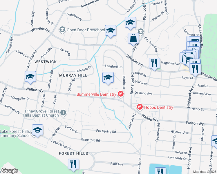 map of restaurants, bars, coffee shops, grocery stores, and more near 3019 Walton Way Extension in Augusta