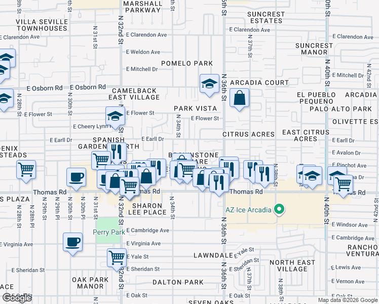 map of restaurants, bars, coffee shops, grocery stores, and more near 3457 East Avalon Drive in Phoenix