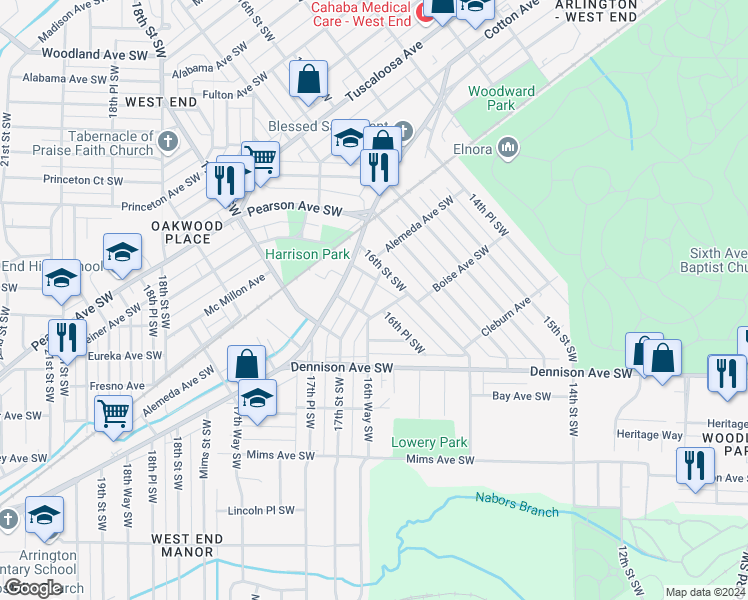 map of restaurants, bars, coffee shops, grocery stores, and more near 1629 Alemeda Avenue Southwest in Birmingham