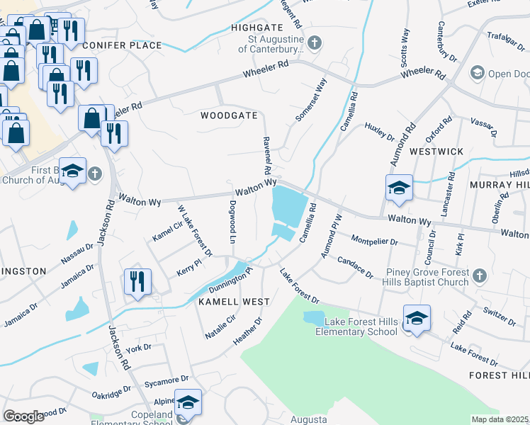 map of restaurants, bars, coffee shops, grocery stores, and more near 808 Quail Court in Augusta