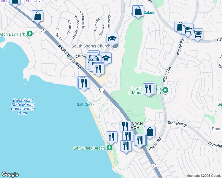 map of restaurants, bars, coffee shops, grocery stores, and more near 16 Via Corsica in Dana Point