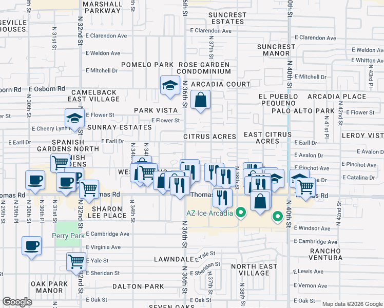 map of restaurants, bars, coffee shops, grocery stores, and more near 3025 North 36th Street in Phoenix