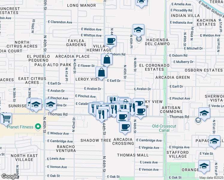 map of restaurants, bars, coffee shops, grocery stores, and more near 3033 North 44th Street in Phoenix