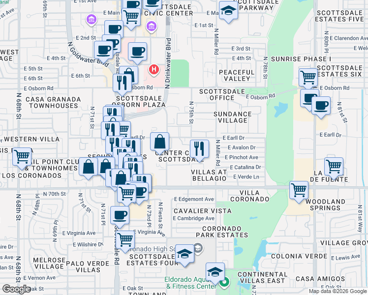 map of restaurants, bars, coffee shops, grocery stores, and more near 3031 North Civic Center Plaza in Scottsdale