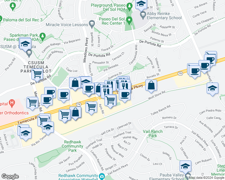 map of restaurants, bars, coffee shops, grocery stores, and more near 32499 Puerto Oro Street in Temecula