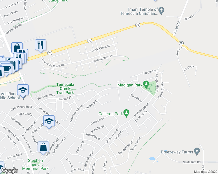 map of restaurants, bars, coffee shops, grocery stores, and more near 44314 Nighthawk Pass in Temecula