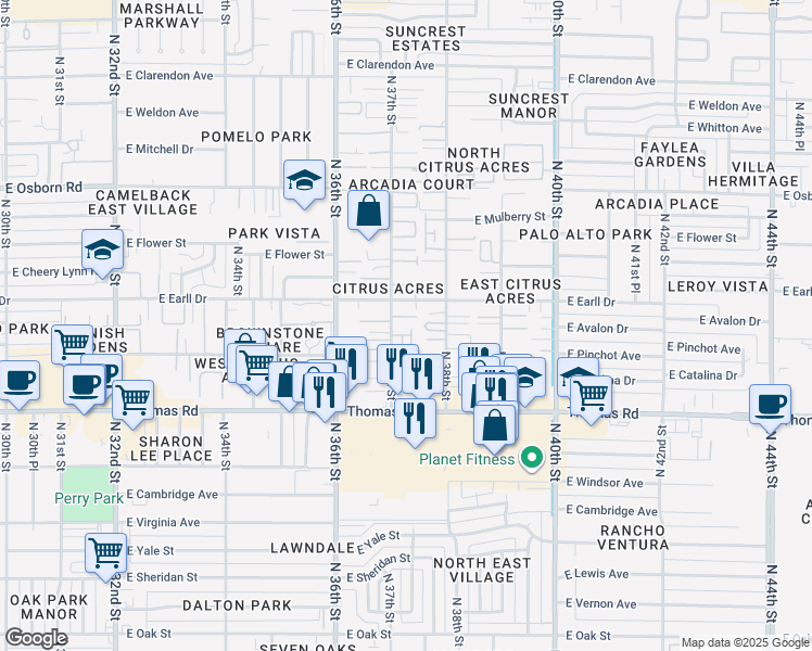 map of restaurants, bars, coffee shops, grocery stores, and more near 3708 East Pinchot Avenue in Phoenix