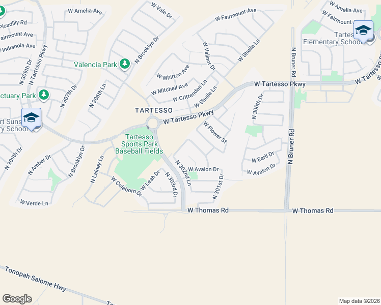 map of restaurants, bars, coffee shops, grocery stores, and more near 3227 North 302nd Court in Buckeye