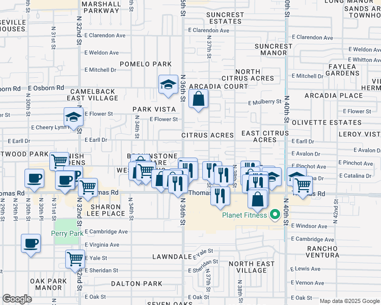 map of restaurants, bars, coffee shops, grocery stores, and more near 3009 North 36th Street in Phoenix
