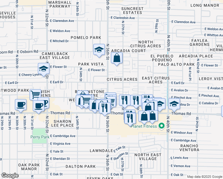 map of restaurants, bars, coffee shops, grocery stores, and more near 3009 North 36th Street in Phoenix