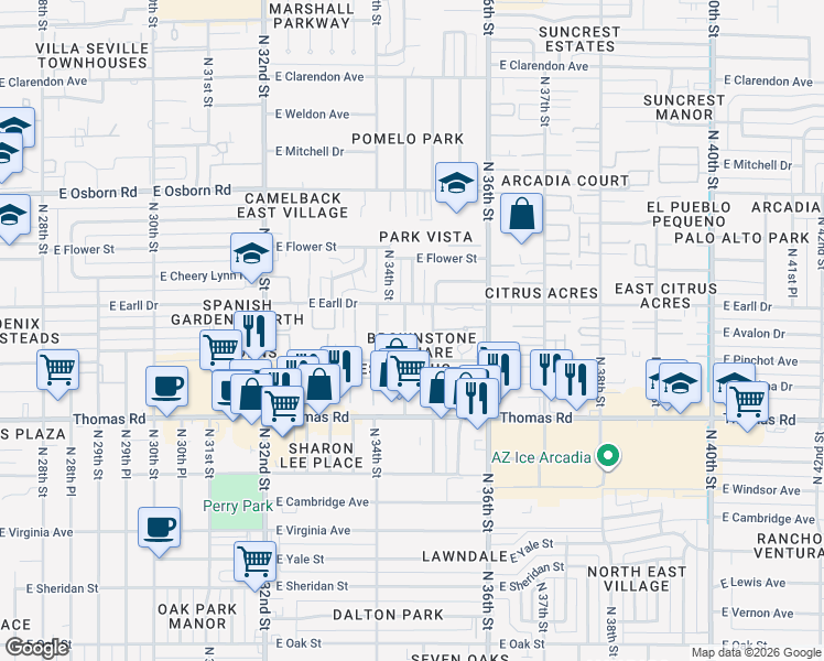 map of restaurants, bars, coffee shops, grocery stores, and more near 3457 East Avalon Drive in Phoenix