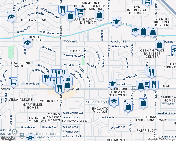 map of restaurants, bars, coffee shops, grocery stores, and more near 3017 North 40th Drive in Phoenix